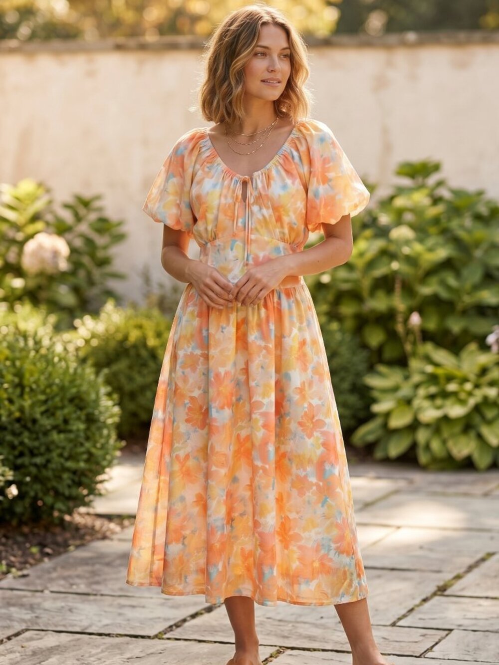 NWT Orange Yellow Watercolor Floral Print Tie-Waist Puff Sleeve Maxi Dress Large